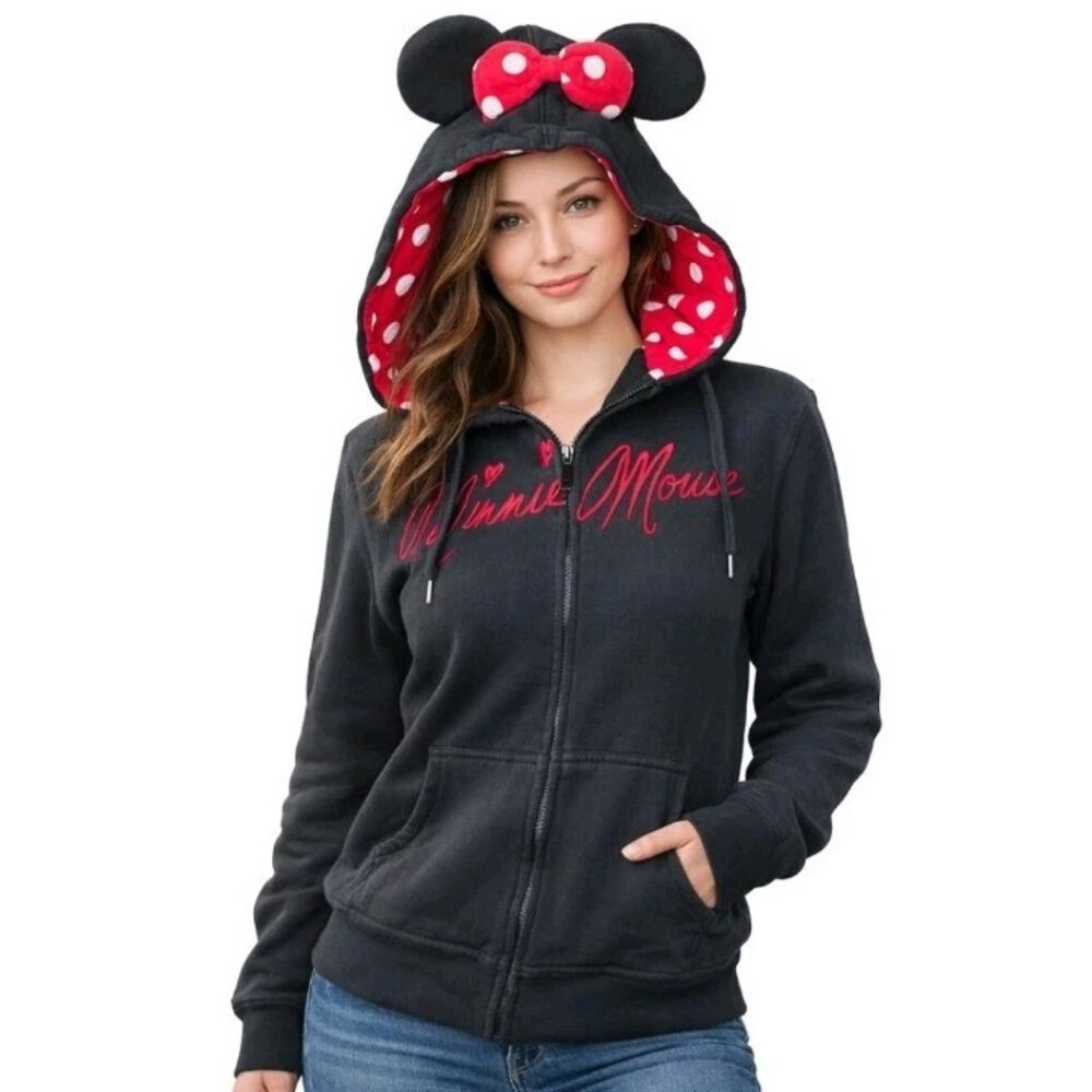 Disney Parks Minnie Mouse Hoodie Womens Large Black Ears Bow Zip Up Sweatshirt